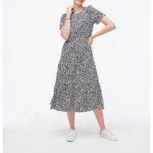 J.Crew Factory Puffsleeve Tiered Midi Dress Navy White Office Women’s Size S